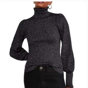 NEW! Ann Taylor Black & Metallic Gold Turtleneck Puff Sleeve Sweater Size S/P